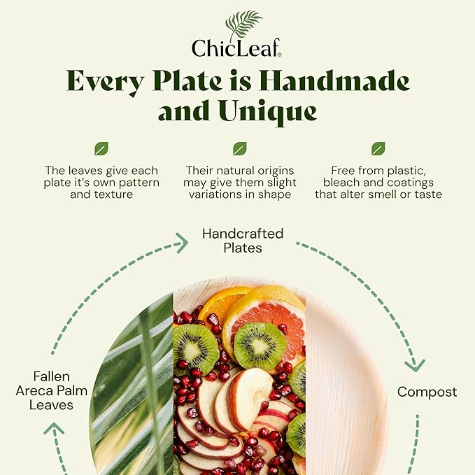 Chic Leaf Compostable Palm Leaf Plates & Cups Set - 10 In & 7 In Pack of 45, Natural - Biodegradable Tableware & Disposable Plates & Cups - Durable Bamboo Utensils, Thanksgiving Dinner