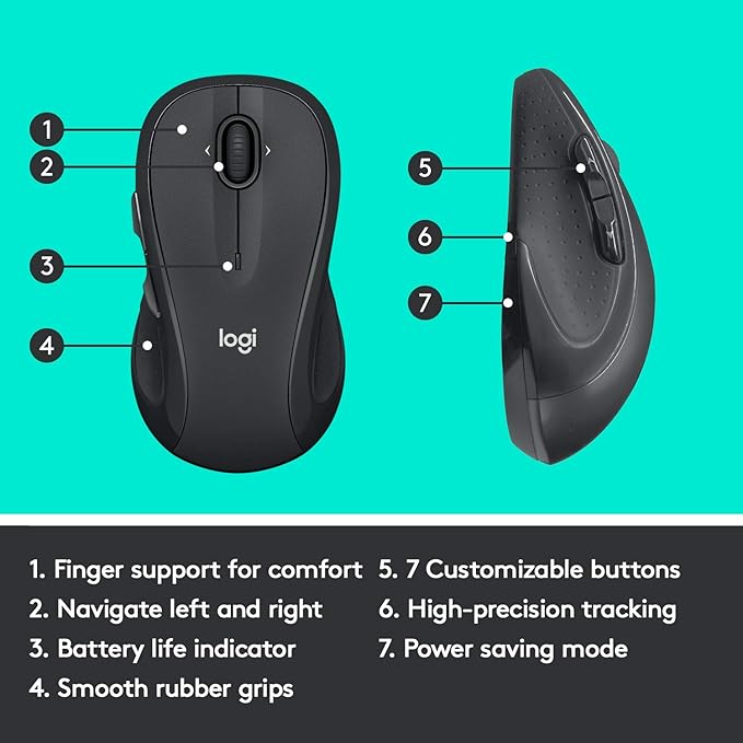Logitech M510 Wireless Mouse, 2.4 GHz with USB Unifying Receiver, 1000 DPI Laser-Grade Tracking, 7-Buttons, 24-Months Battery Life, PC/Mac/Laptop - Graphite