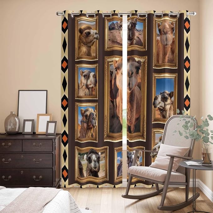 2 Panel Kitchen Cafe Curtains, Wildlife Camels Sunlight Filtering Nature Air