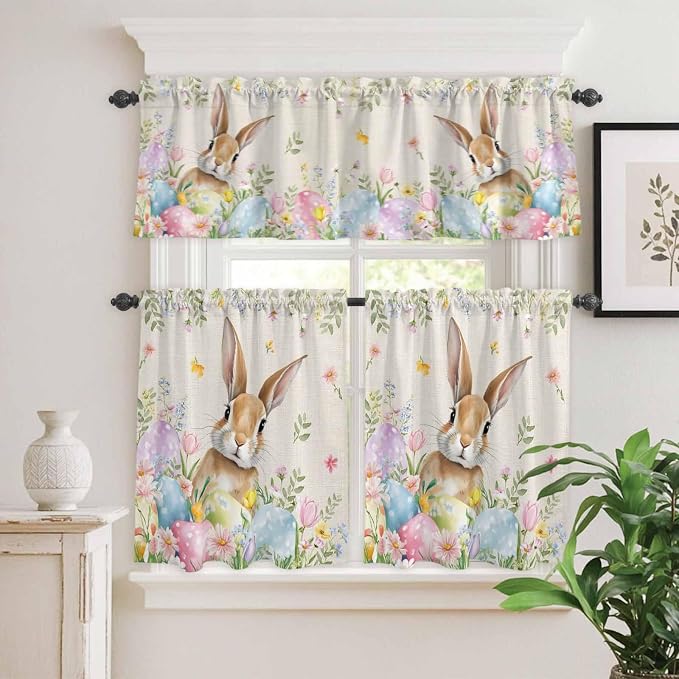 Kitchen Curtains Tiers and Valance Set of 3, Easter Light Filtering Window