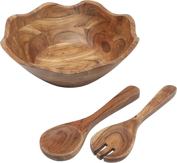 Gibson Home Sandhurst 3-Piece Acacia Wood Salad Bowl Set – 12-Inch Scalloped Serving Bowl with Wooden Salad Servers – Natural Rustic Finish for Dining, Entertaining, or Gifting
