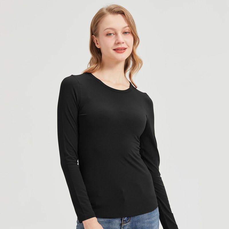 netdraw Women's Buttery Soft Ribbed Bamboo Viscose Long Sleeve T-Shirt Crew Neck Casual Tops Slim Fitted Thermal Undershirt, Black, Medium