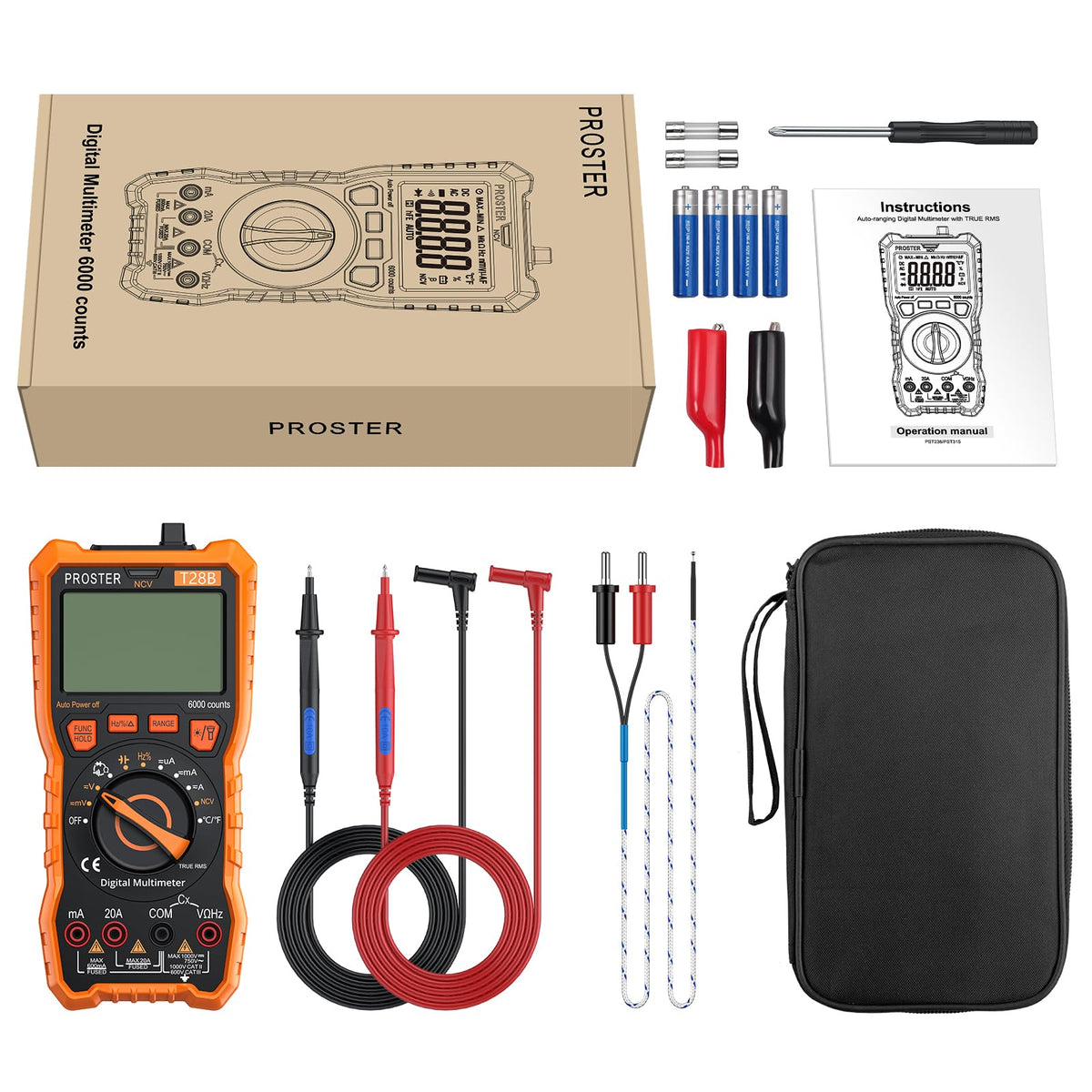 Proster Digital Multimeter - TRMS Voltmeter Multimetro Auto Range Multi Testers, 20A DC AC Current Meter NCV Detector Magnetic Hanging Hands-Free Design with Temperature Probe Backlit LCD Flashlight