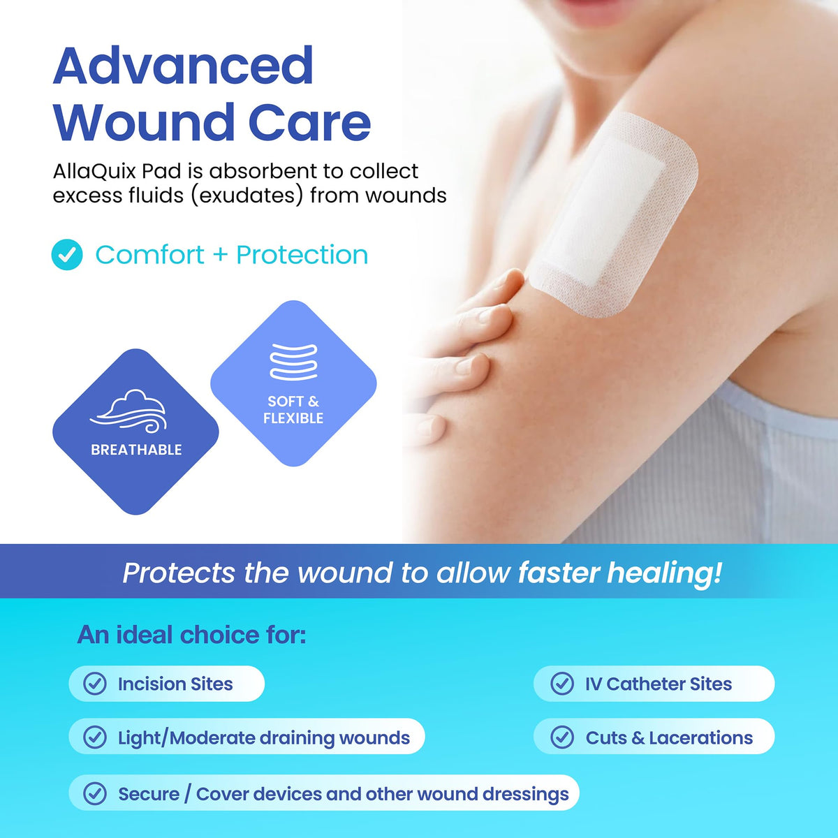 AllaQuix Basic Sterile Gauze Island Dressing 4"x8" Adhesive Border Pads (25 Count) – Non-Stick Wound Dressing for Surgical Aftercare, Incisions, Large Cuts, First Aid, and Light Draining Wounds