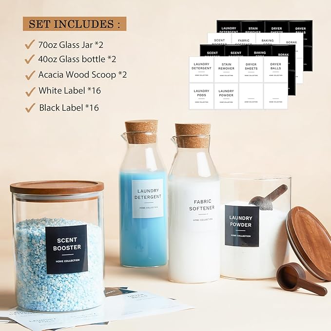 Glass Laundry Storage Containers Set, 4 Pack Liquid Detergent Dispenser with Cork Lid & Laundry Room Organization Jar with Acacia Lid, Fabric Softener Dispenser Bottles and Powder Detergent Organizer