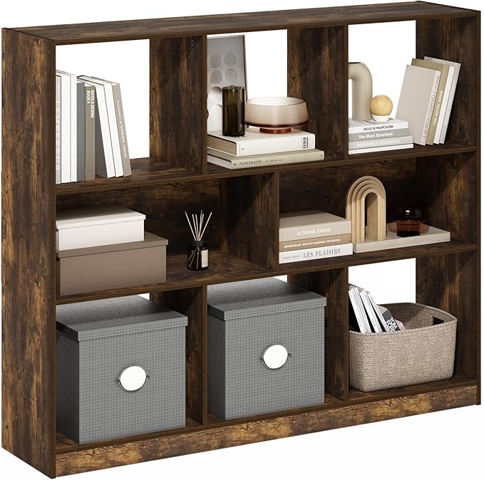 Furinno DALY Book Shelf, 8-Cube Bookshelf, Horizontal Cube Storage Organizer Bookcasde, 10.9 x 47.2 x 39.4, for Living Room, Bedroom, Home Office, Amber Pine