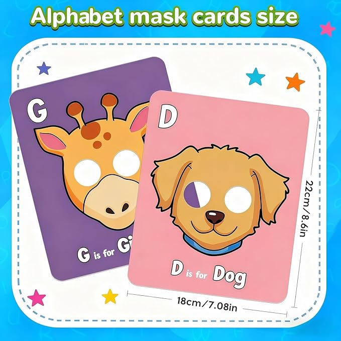 Alphabet ABC Flash Cards with Animal Masks, 26 Giant Animal mask Alphabet Cards, nteractive Education Games, Uppercase & Lowercase Learning Games，Colorful Mask Flashcards