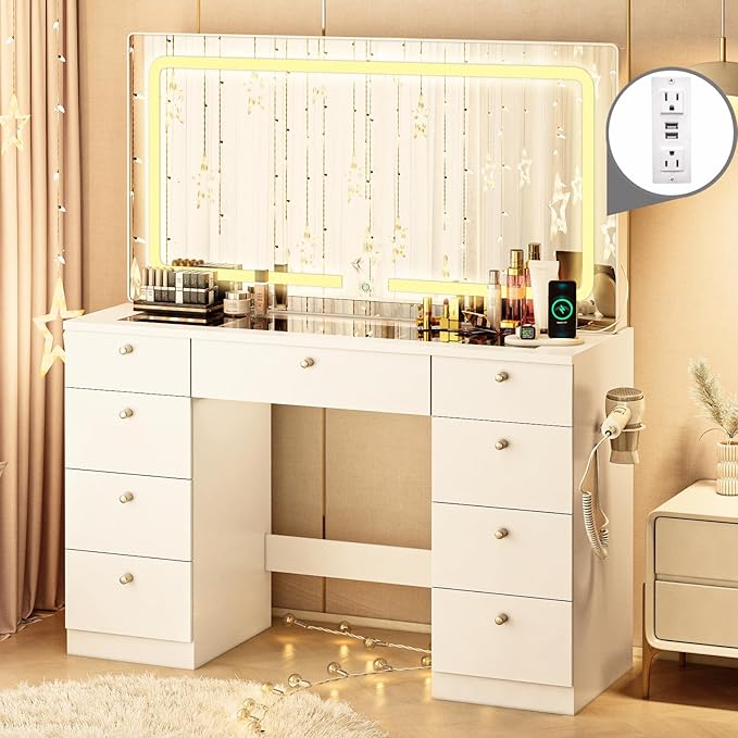 Makeup Vanity Desk with Mirror - 46 INCH Glass Tabletop Vanity Table with Lights, Drawers, Power Outlet, Large Storage Desk for Bedroom, White