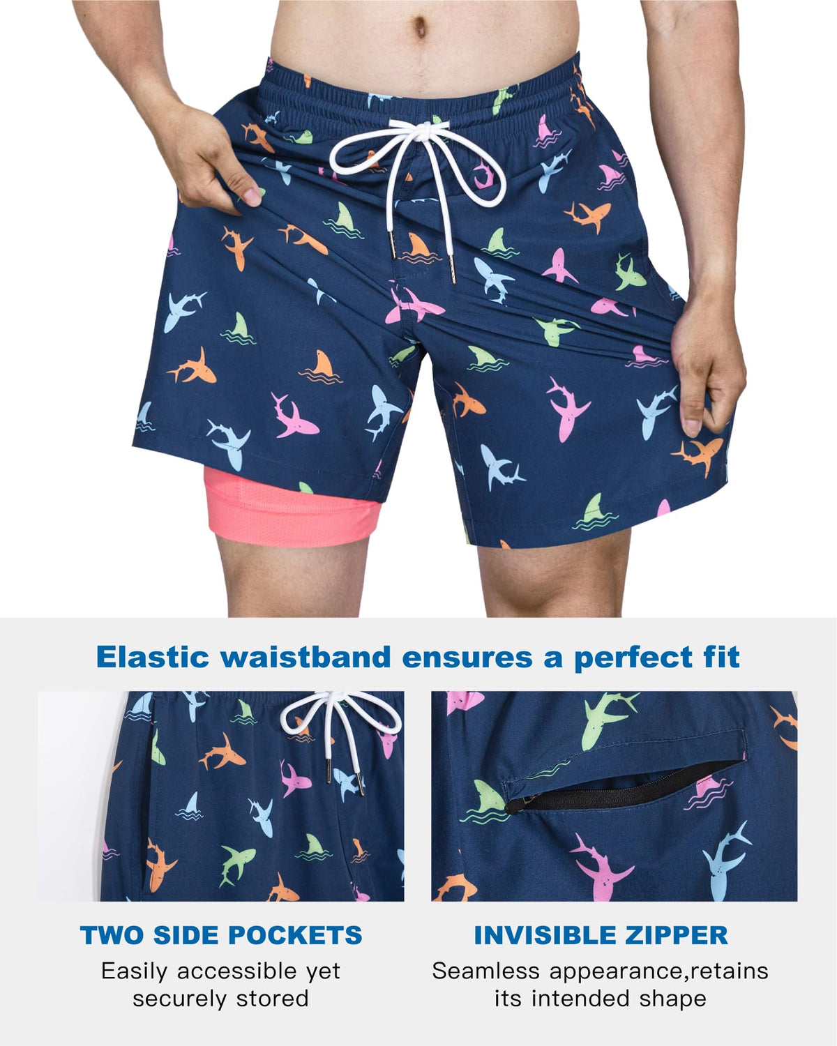 SURF CUZ Mens Swim Trunks with Compression Liner Quick Dry Swim Shorts 7" Swimming Trunks Stretch Bathing Suit Zipper Pockets,01 Rainbow Dolphins,L