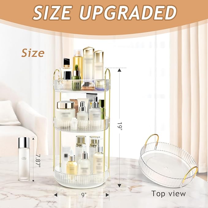 360 Rotating Makeup Organizer for Vanity,3 Tier Large Capacity Skincare Organizers,Bathroom Counter Organizer, transparent Spinning Perfume & Vanity Organizer (White, 3 Tier)