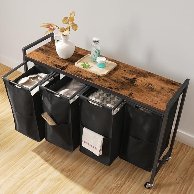 HOOBRO Laundry Sorter 4 Sections, Laundry Hamper with Wheels, 4 × 10.5 Gal (40 L), Rolling Laundry Basket, Pull-Out and Removable Oxford Fabric Bags, Rustic Brown and Black BF04XY01