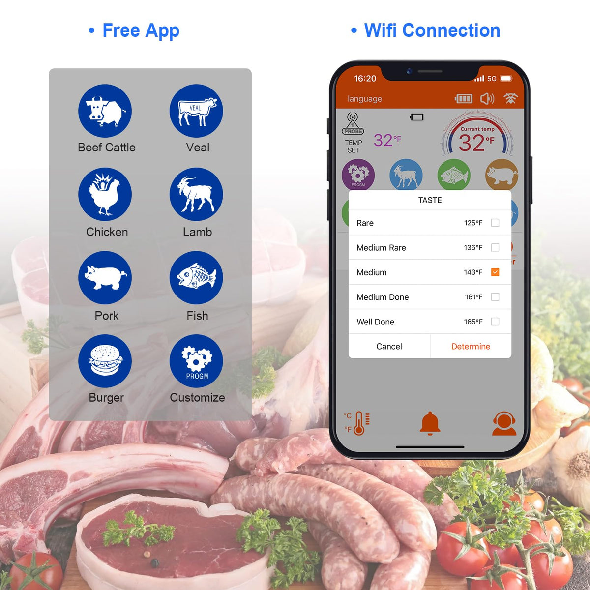 Wireless Meat Probe Thermometer with APP Control for BBQ Grill Smoker Oven