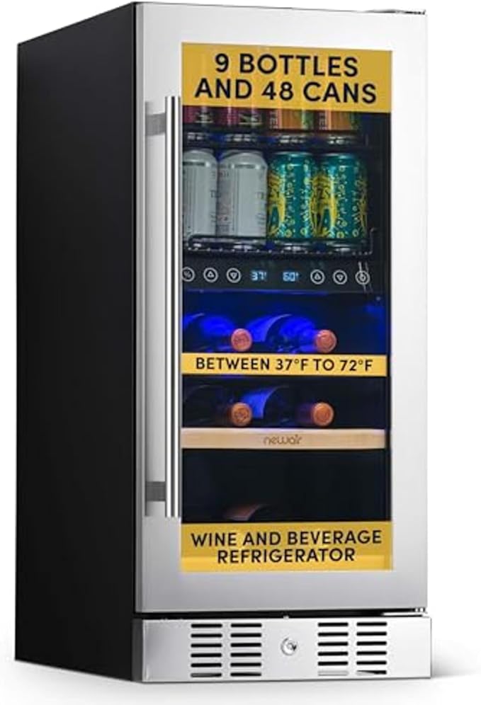 NewAir 15" Dual Zone Beverage Refrigerator & Wine Cooler for 9 Bottles & 48 Cans | Freestanding or Built-In Under Counter Mini Fridge for Beer, Wine and Soda | Stainless Steel