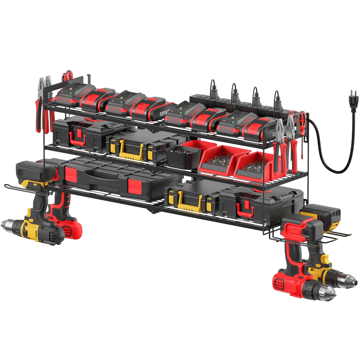 CCCEI Garage Tools Storage with Charging Station. Power Tool Battery Organizer Utility Shelf with Power Strip. 4 Drills Holder Wall Mount Rack, Black.