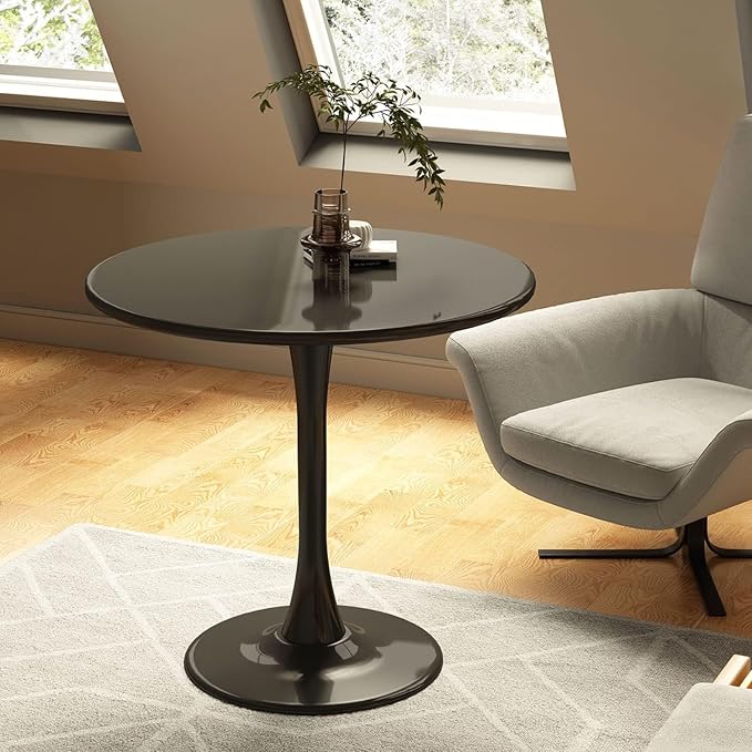 TulipTable for 2-4 Persons Modern Round Dining Room Table, 31.5" Mid-Century Modern Black Small Kitchen Table with MDF Wooden Top, Leisure Coffee Table for Living Room, Dining Room, Office