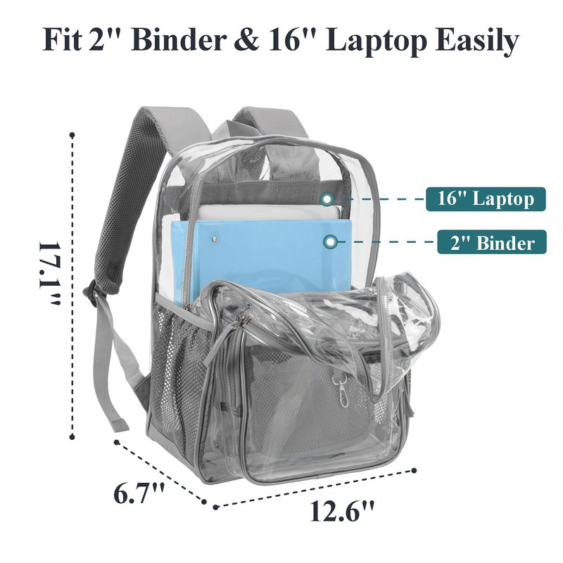 PACKISM Clear Backpack for School - 17 inch Large Heavy Duty Bookbag, Reinforced See Through PVC Transparent Backpack for Students Men Women, Battleship Grey (Age 12+)