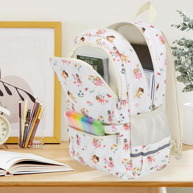 DSIUE Kids Backpack for Girls Elementary BookBags Teens School Backpack with Lunch Box Flower Fairy Beige