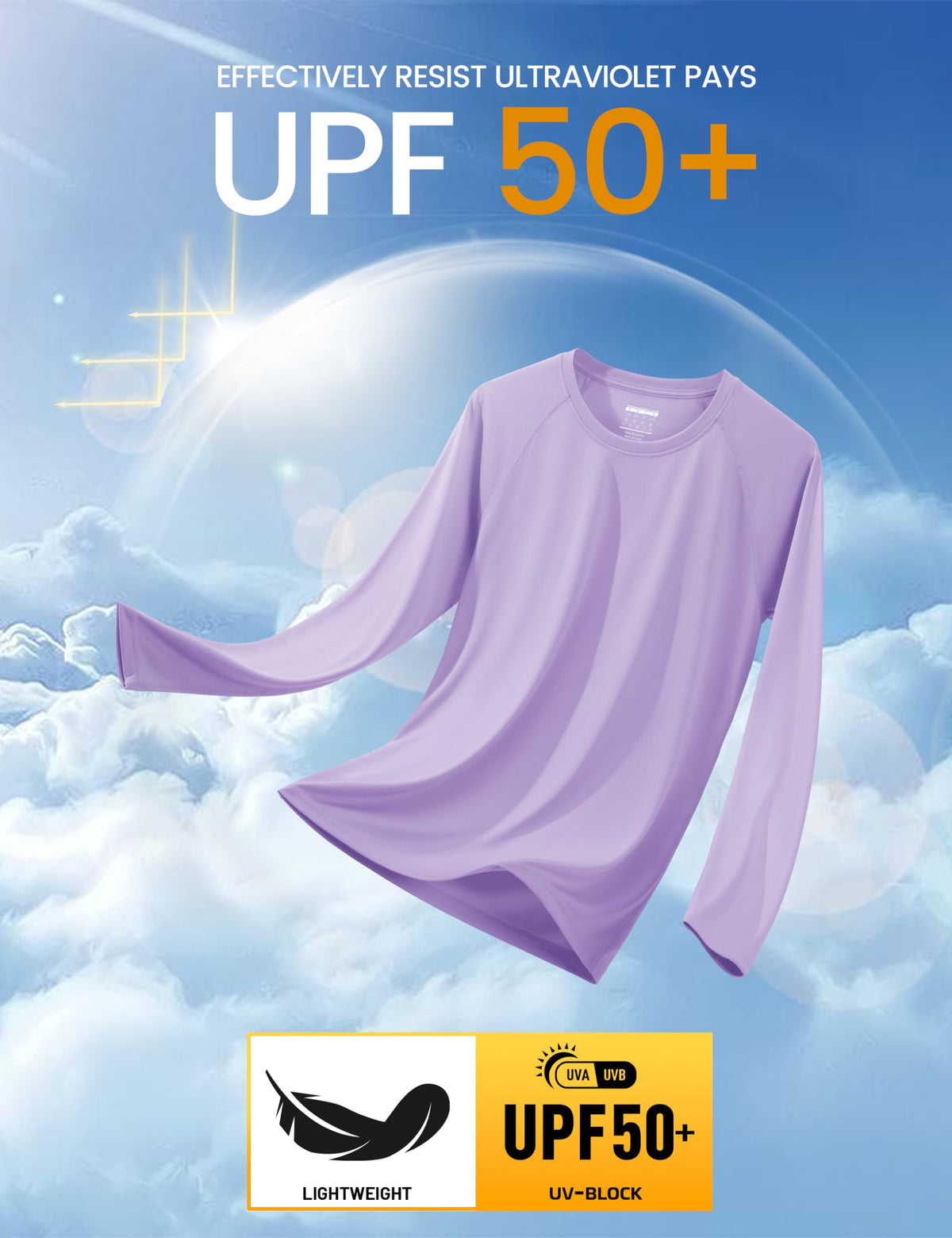 Quick Dry Baselayer Rash Guard Men's UV Protection Summer Long Sleeve Hiking T-Shirt Sun Shirts Light Purple