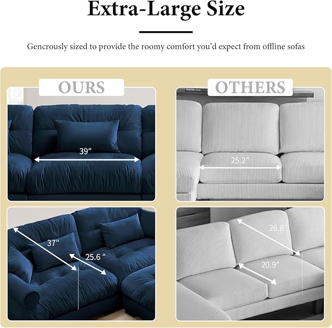 130" Oversized 3 Seater Modular Sectional Sofa, Blue Large U Shaped Couch for Living Room, Fluffy Velvet Cloud Set With Ottoman