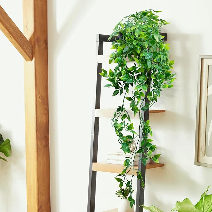 LOYWREE 2 Pack Artificial Hanging Mandala Plant with Pot Faux Plants Indoor Fake Small Potted Plant 28.7-in Long Faux Vine Shelf Decor Ideal for Indoor Outdoor Home Office Decoration (Black Pot)