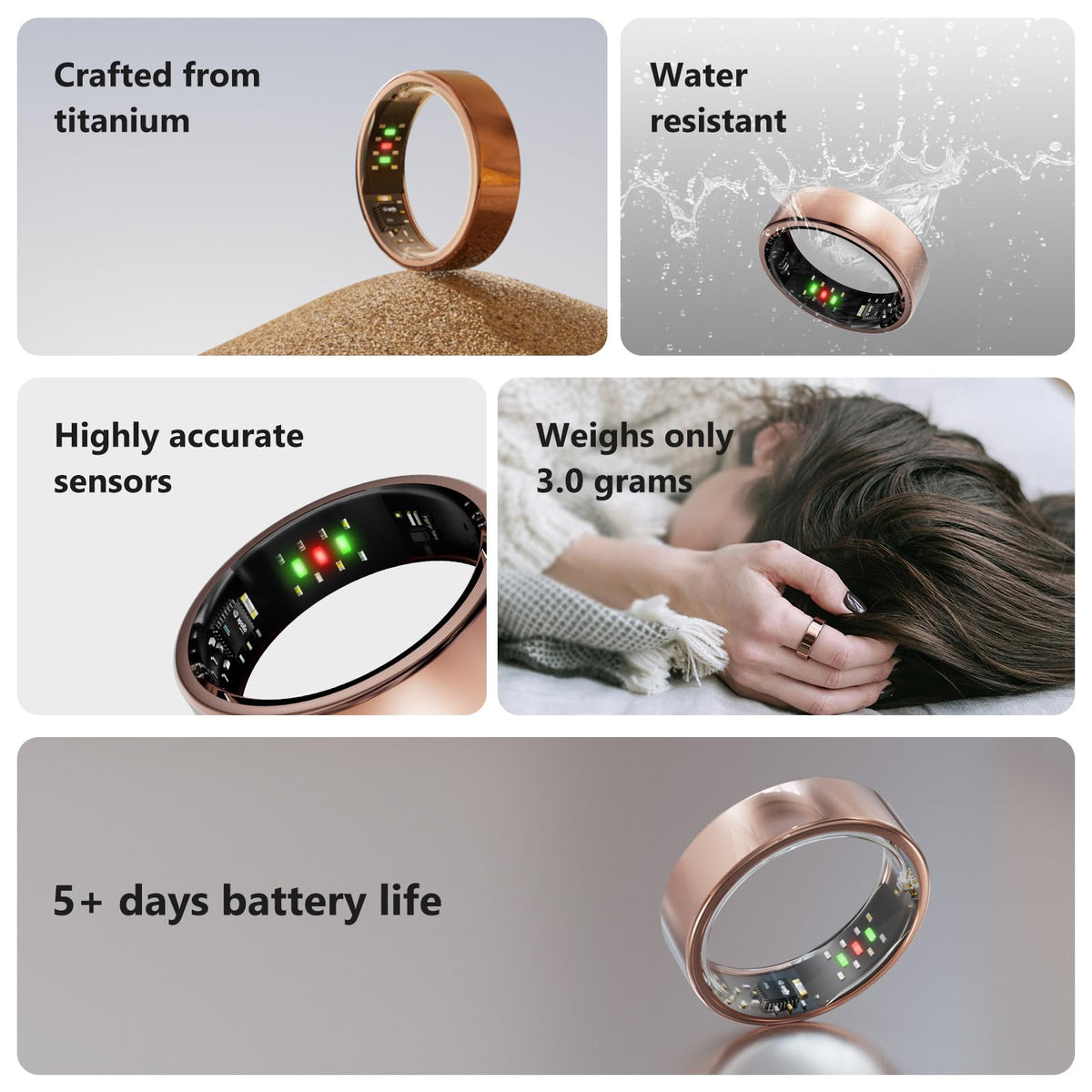 Victormont Titanium Smart Ring, Sleep & Activity Tracking Ring with Heart Rate, HRV, Stress Insights, 7-Day Battery Life, No Subscription, IP68 Waterproof, iOS & Android Compatible (Rose Gold, 7)
