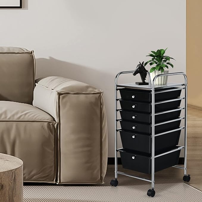 COSTWAY 6-Drawer Rolling Storage Cart, Multifunctional Art Craft Tools Organizer on Wheels, Heavy Duty Utility Mobile Storage Trolley w/ 2 Lockable Wheels for Home Office School (Black)