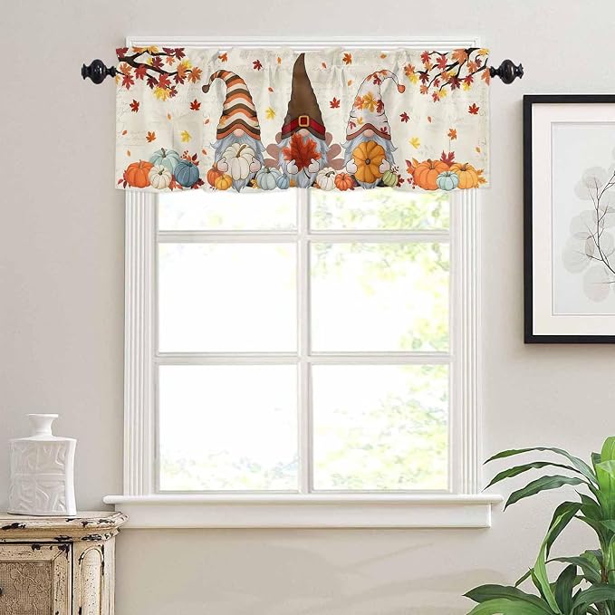 Fall Kitchen Curtain Set, Thanksgiving Gnomes Maple Leaf Pumpkin Beige Window