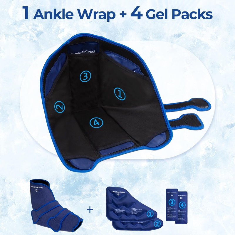 KingPavonini Ankle Foot Ice Pack Wrap for Sprained Ankle/Surgery Recovery, Reusable Gel Ice Packs for Feet Injuries, Plantar Fasciitis, Achilles Tendonitis, Hot/Cold Therapy, XL (1 Wrap+4 Gel Packs)