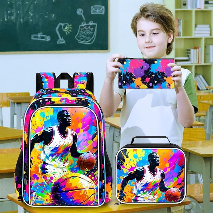 KLFVB 3PCS School Backpack for Boys, 17" Kids Basketball Bookbag and Lunch Box, Water Resistant Backpack for Teenagers Middle Elementary - Spray-painted Basketball