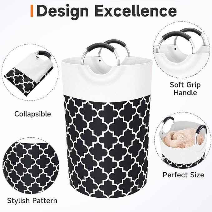 Large Laundry Basket Laundry Hamper Bag Washing Bin Clothes Bag Collapsible Tall with Handles Waterproof Travel Bathroom College Essentials Storage for College Dorm, Family (Black) 75L