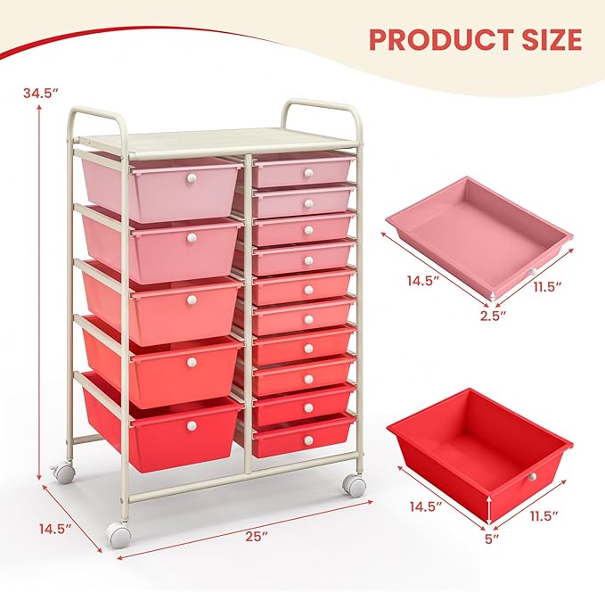 COSTWAY 15 Drawer Rolling Storage Cart, Mobile Utility Cart with Lockable Wheels, Drawers, Multipurpose Organizer Cart for Home, Office, School, Gradient Pink
