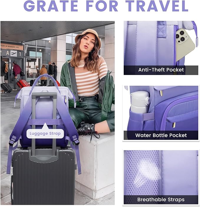 LOVEVOOK Gradient Laptop Backpack for Women,15.6 Inch Work Computer Bakcpack Purse Laptop Bag With Anti-Theft Pocket,Waterproof Carry on Teacher College Backpack for Travel,Purple-White