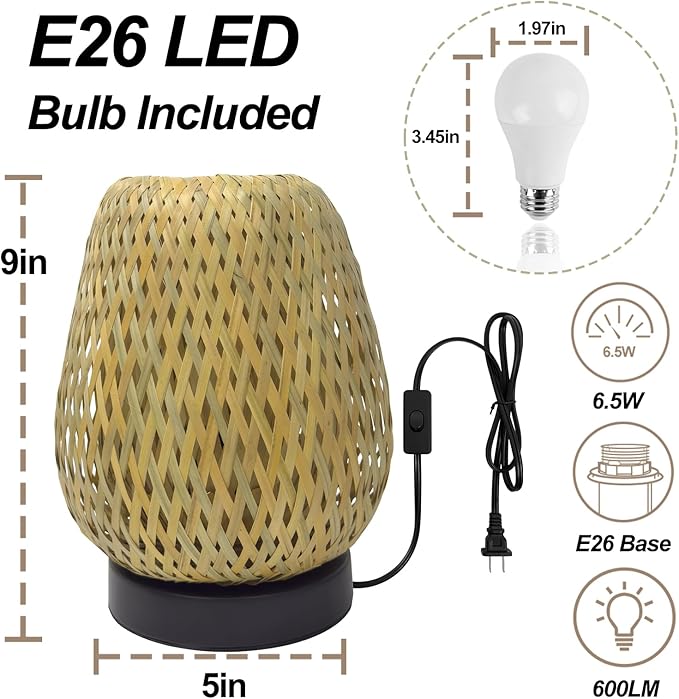 Boho Woven Nightstand Table Lamp - Bamboo 3 Color Temperature Handmade Lamp for Bedroom, Living Room