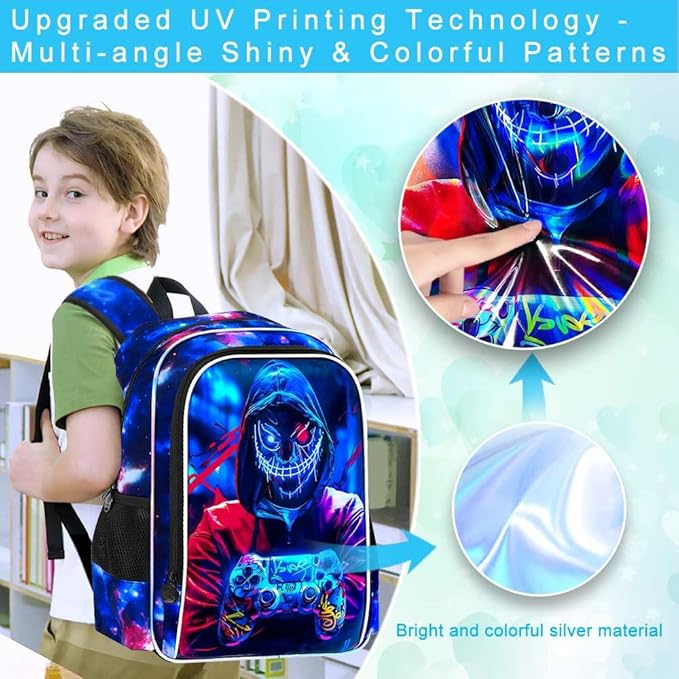 KLFVB 3PCS Backpack for Boys, 17" Kids Gaming Bookbag and Lunch Box, Water Resistant School Backpack for Teenagers Middle Elementary - Demon Game