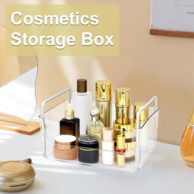 Clear Makeup Organizer Tray with Handles Bathroom & Vanity Storage for Cosmetics, Skincare - Countertop Organizer Kitchen Cabinet Storage Tray