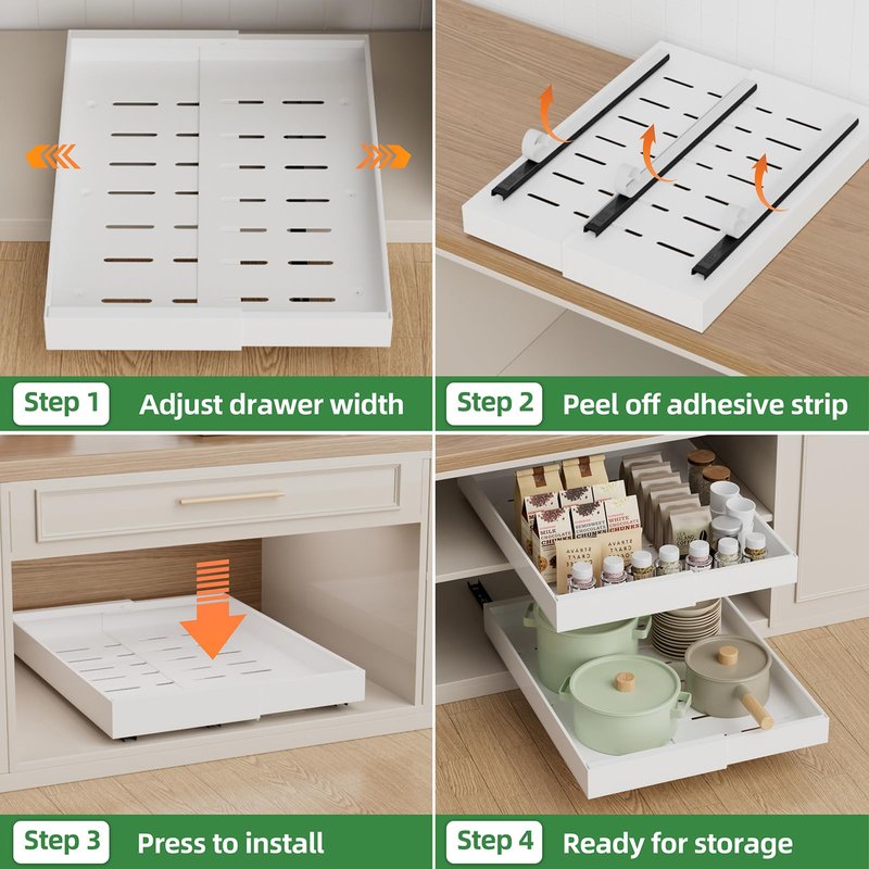 PAKETA 4 Pack Expandable Pull Out Cabinet Organizer, 21'' Deep Pull Out Drawers for Cabinet, Upgrade 3 Slide Rails Sliding Drawers for Cabinets with Adhesive Nano Film (White, 21"D X 9-14"W)