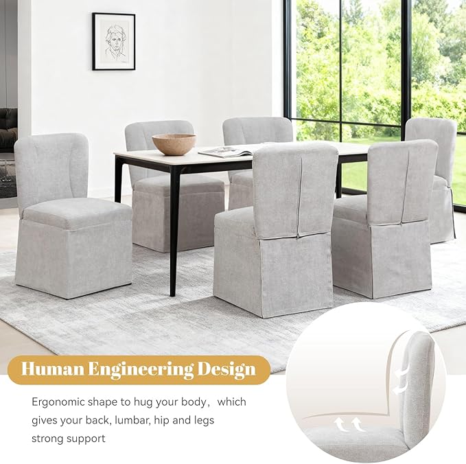 Kitchen Table Chairs Set of 6, Linen Upholstered Dining Chairs with Metal Frame, Modern Dining Room Chairs for Kitchen, Grey