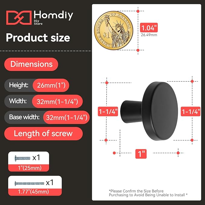 homdiy 20 Pack Black Cabinet Knobs Round Matte Kitchen Handles Zinc Alloy Metal Hardware for Dresser Drawer Desk Cupboard