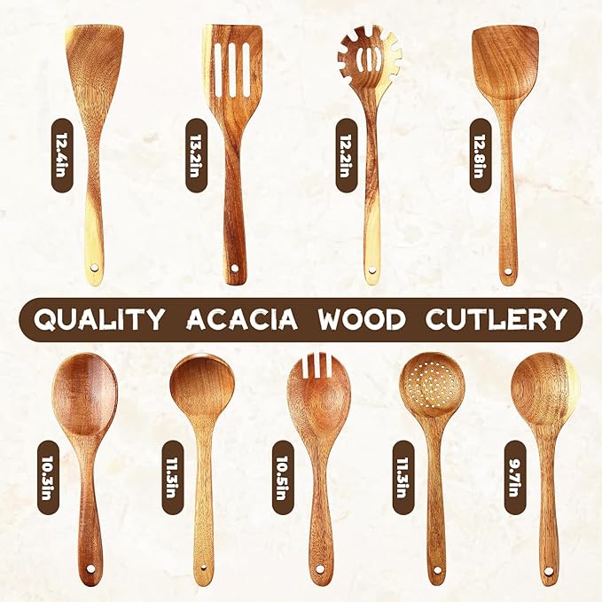 Nicyho Wooden Spoons for Cooking, 9 Pieces Natural Acacia Kitchen Utensils Set, Long Handles Heat Resistant Kitchen Wooden Cookware for Nonstick Pan (9)