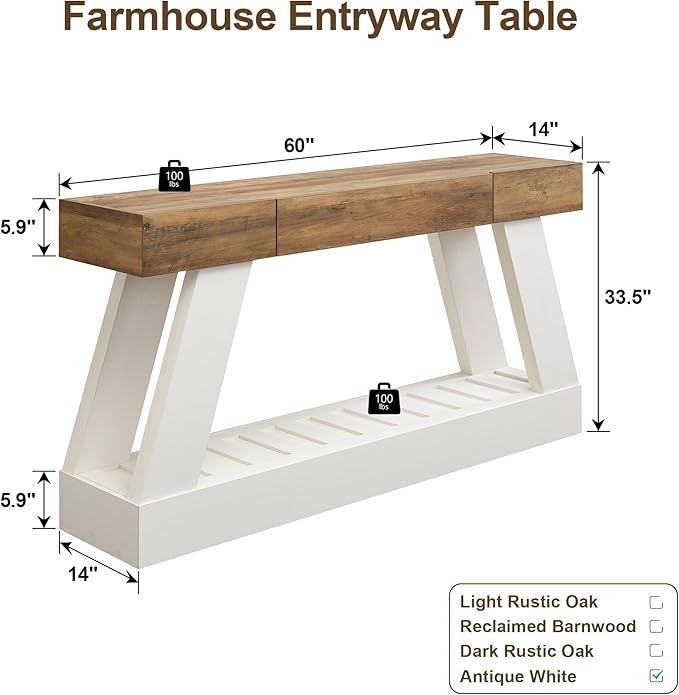 OKD 60" Farmhouse Entryway Table with Drawer, Console Table Behind Sofa, Narrow Long Entryway for Hallway, Living Room, Hallway, Behind Couch(Antique White)
