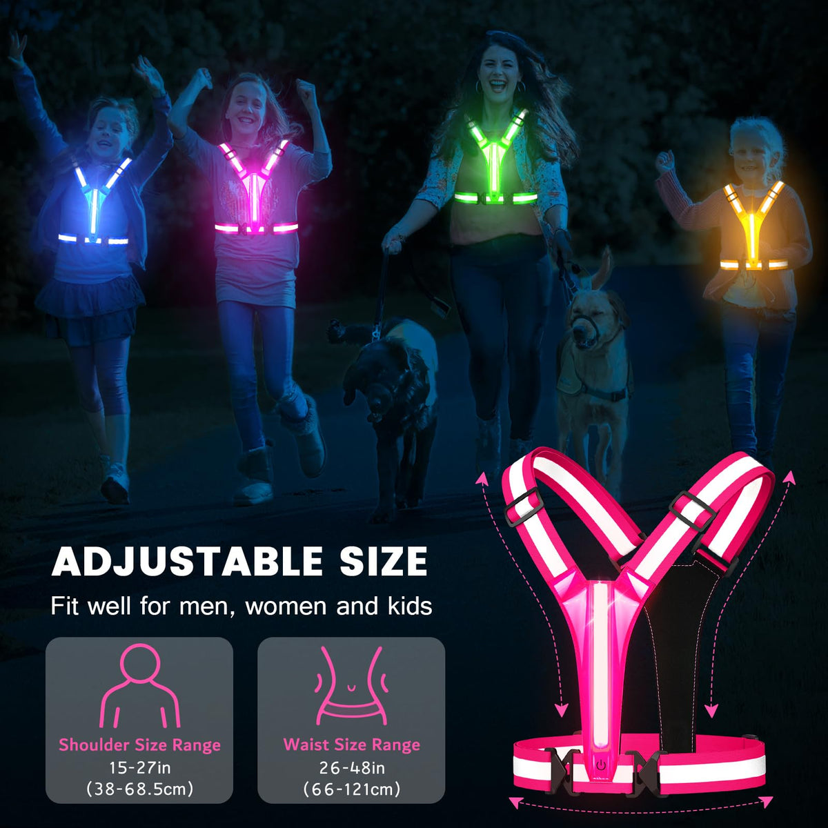 Fokia Kunbio LED Reflective Running Vest Gear,Light Up Vest Runners Night Walking USB Rechargeable,Up to 11hrs Light with Adjustable Waist/Shoulder for Women Men Kids (Pink)
