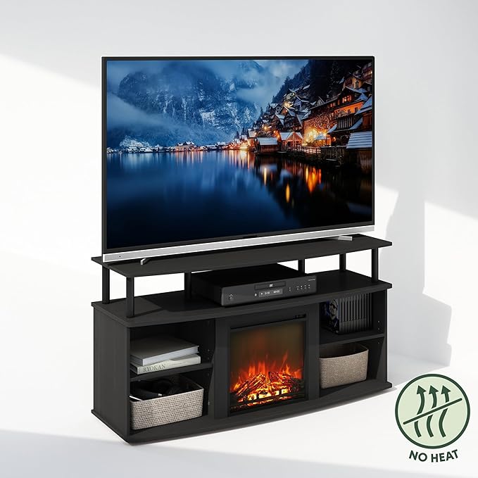 Furinno Jensen Fireplace TV Stand, NO Heat Decorative Electric Fireplace Corner TV Stand for TV up to 55 Inch, with Open Shelving Storage, for Living Room, Americano/Black