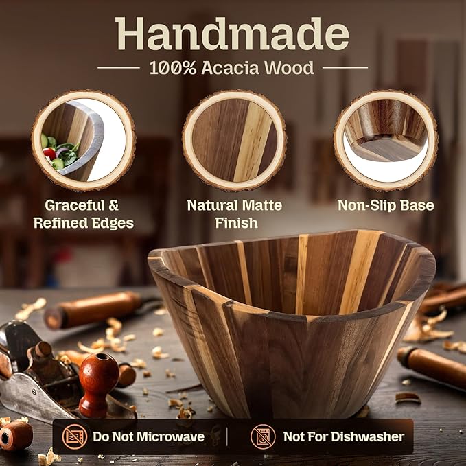 Acacia Wood Salad Bowl Set with Serving Hands, 10” Diameter, 6” Height - Handmade, Large Serving Bowl for Salad, Fruit & Pasta - Durable Natural Brown Serveware Gift, Modern Geometric Design