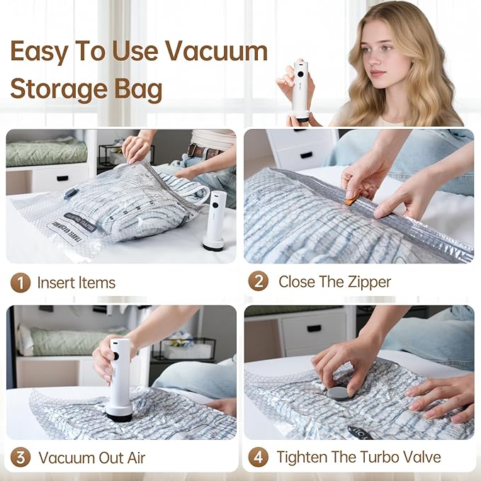 Vacuum Bags for Travel with Wireless Rechargeable Pump, 12 Pack Carry-on Size Compression Packing Seal Bags for Luggage and Suitcase, Space Saver Vacuum Storage Bags for Clothes and Clothing Travel