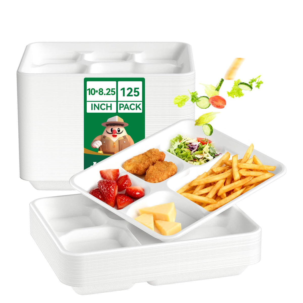 Compostable 5 Compartment 10*8.25*1 Inch 125 Pack Heavy Duty Paper Plates