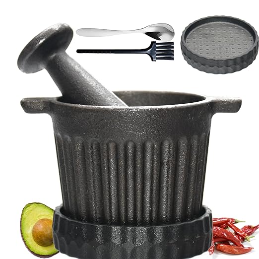 Aurionix Cast Iron Mortar and Pestle Set with Grater Plate, Brush and Spoon