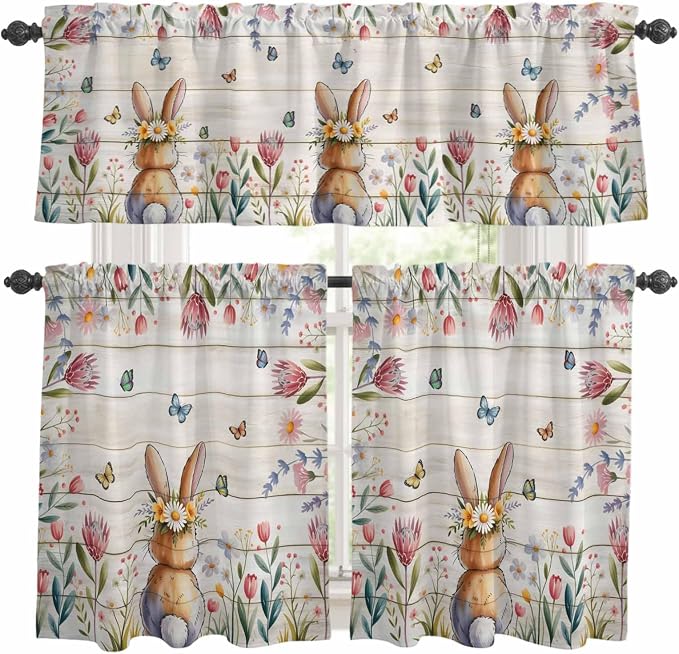 Kitchen Curtains Tiers and Valance Set of 3, Easter Light Filtering Window