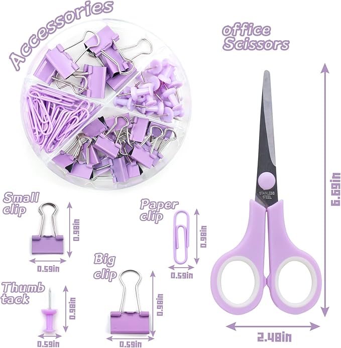 Purple Office Supplies Set, UPIHO Stapler and Tape Dispenser Set, Office Desk Accessories Kit with Stapler, Tape, Remover, Staples, Clips, Scissor and Tabs for Women, Clerks…