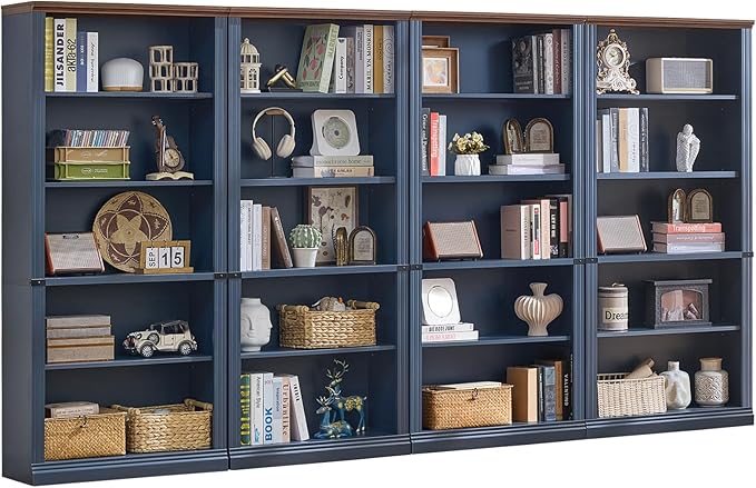 70" Blue Tall Bookshelf Set of 4,5-Tier Thick Wooden Book Shelf with Adjustable Shelves,Free Standing Farmhouse Bookcase with Open Display Storage,Floor Vintage Bookshelves for Living Room