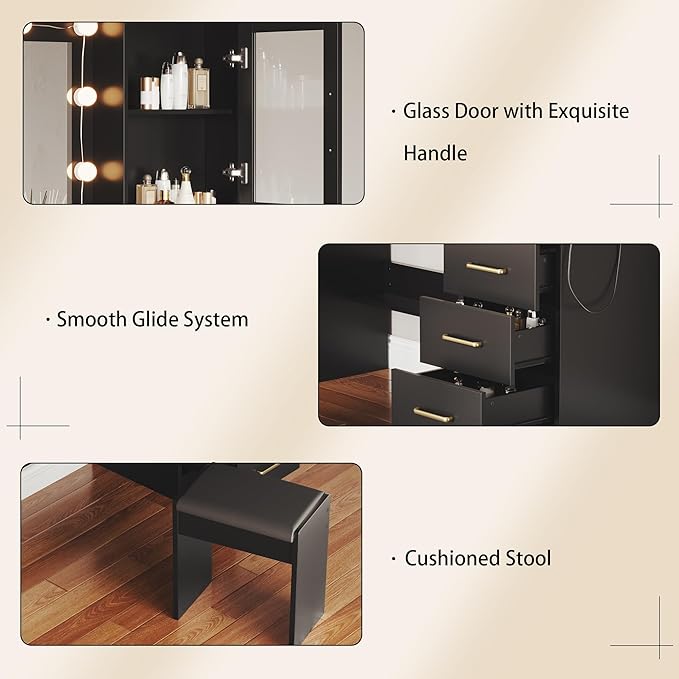 Black Vanity Desk with Mirror, Lights & Charging Station, 58.3" 3 Lighting Modes Makeup Desk with 8 Drawers, 2 Cabinets and Lots Storage, Dressing Table Vanity Set with Lighted Mirror